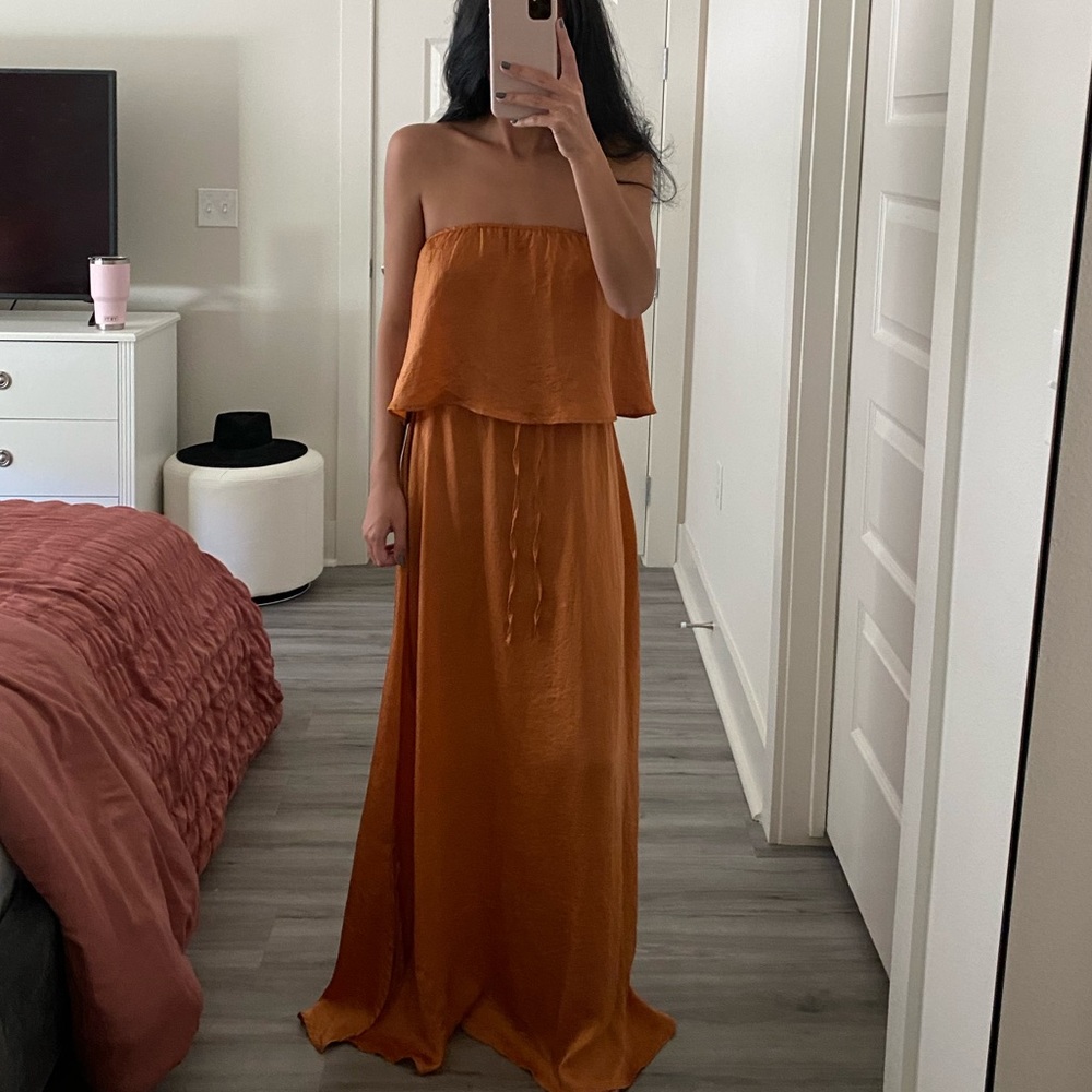 Burnt Orange Strapless Maxi Dress